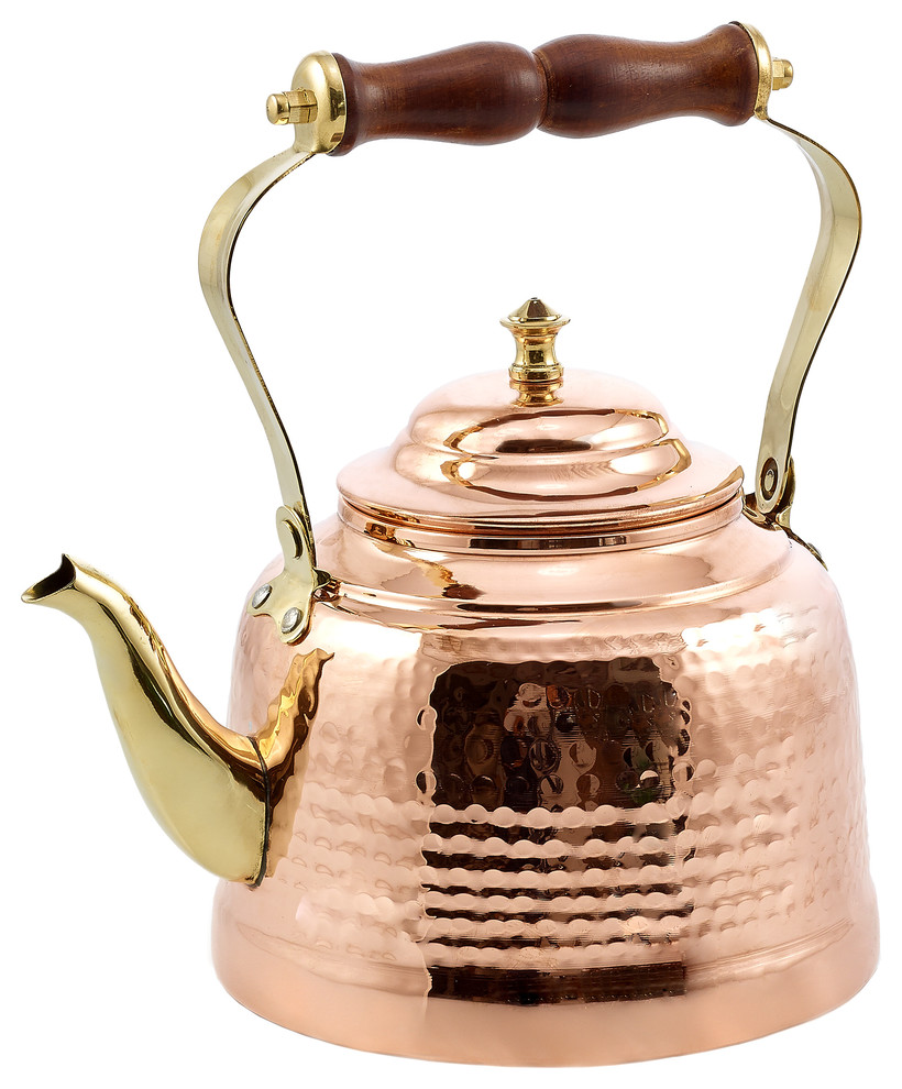 Solid Copper Hammered Tea Kettle With Brass Spout And Wooden Handle, 2 Qt.