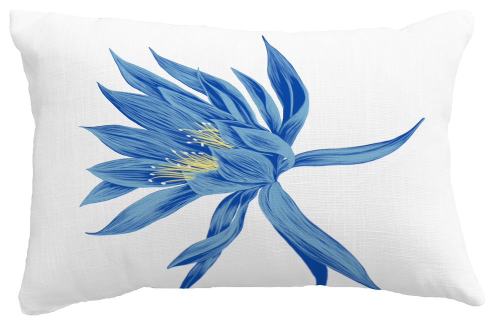 Hojaver Floral Print Throw Pillow With Linen Texture, Royal Blue, 14"x20"