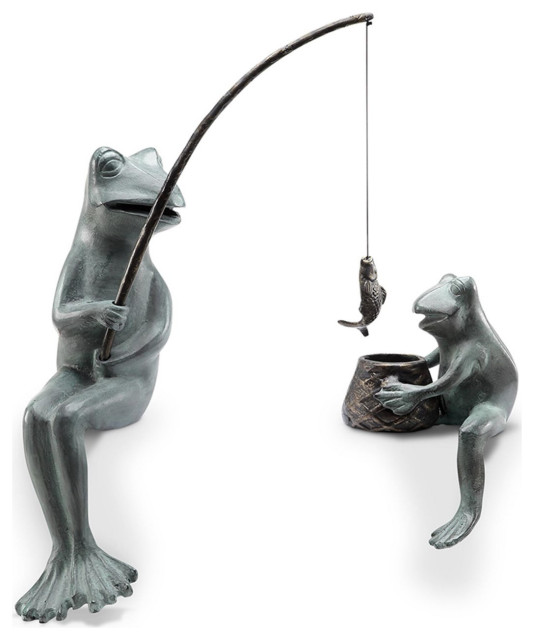 Fishing Frog Mama And Baby Garden Sculpture Eclectic Garden Statues