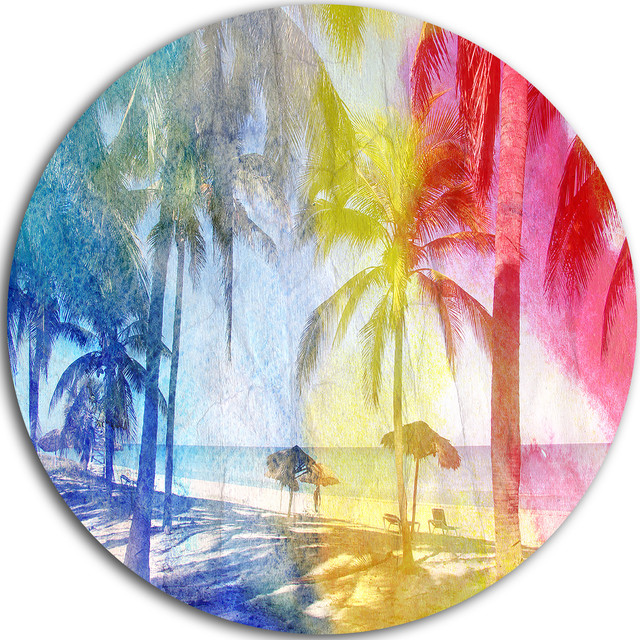 Blue Retro Palm Trees, Landscape Painting Disc Metal Artwork Tropical Metal Wall Art by