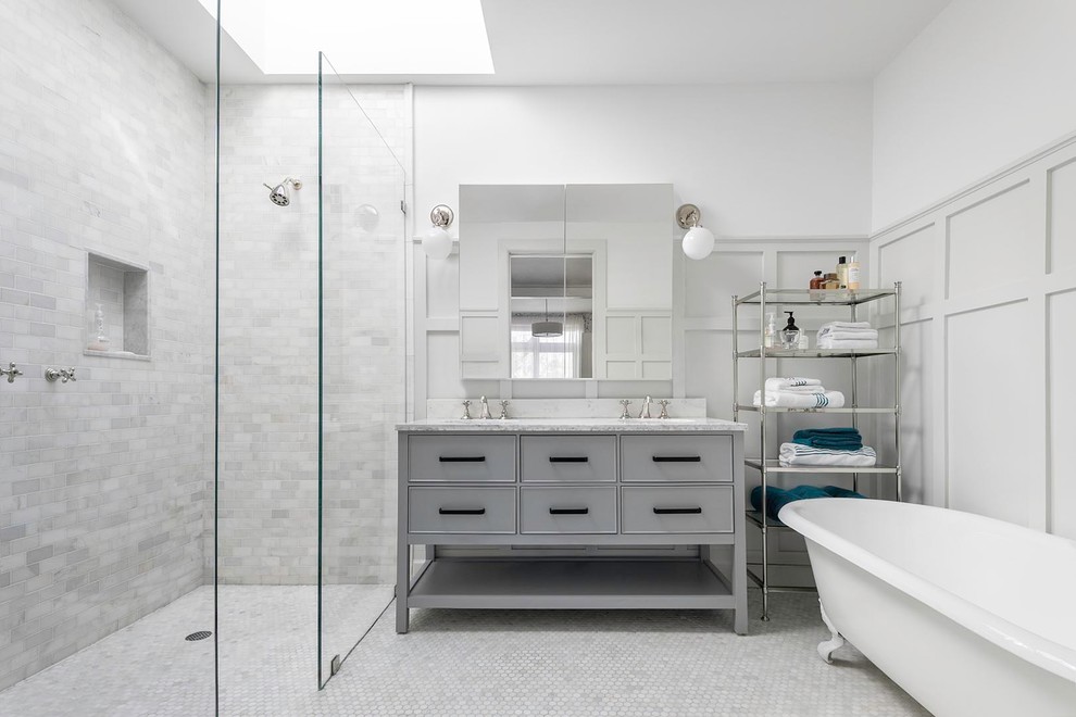 Design ideas for a transitional bathroom in New York with flat-panel cabinets, grey cabinets, a claw-foot tub, a curbless shower, gray tile, white tile, mosaic tile, white walls, mosaic tile floors, an undermount sink, white floor, an open shower and white benchtops.