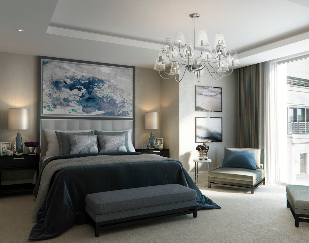 Contemporary master bedroom in London with carpet and grey walls.