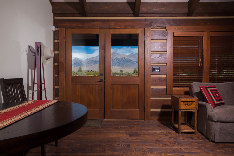 Mountain style medium tone wood floor double front door photo with a medium wood front door