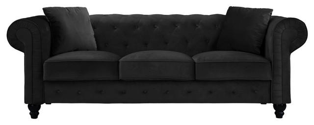 Traditional Velvet Upholstered Chesterfield Sofa With Accent Pillows Black