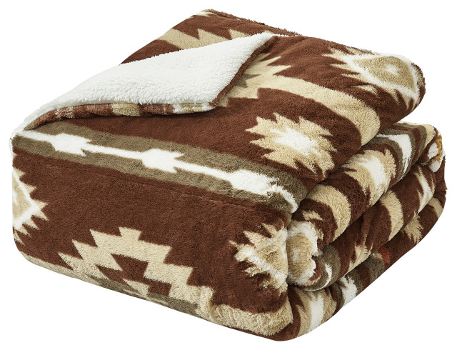 Southwest Blanket With Sherpa Backing, 90"x96", Coffee