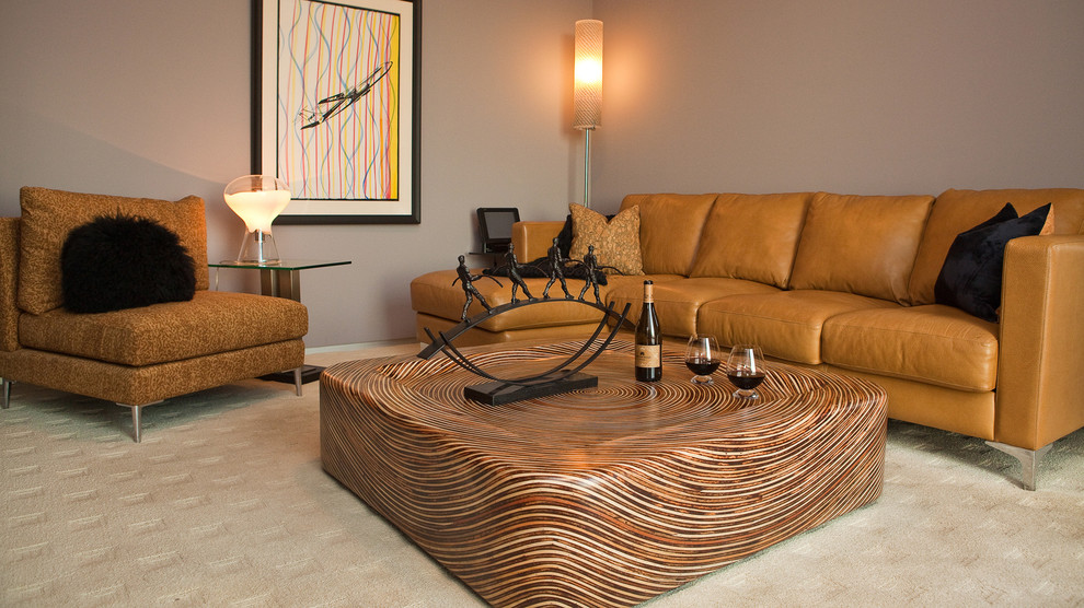 Example of a large trendy formal and enclosed carpeted living room design in Los Angeles with beige walls, no fireplace and no tv