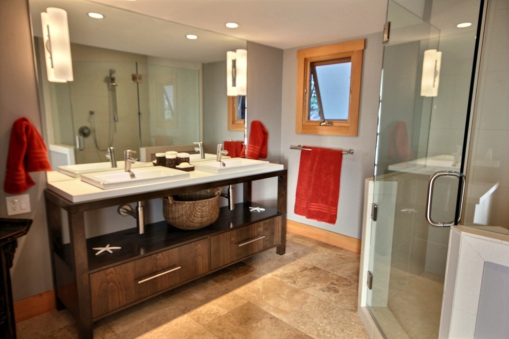 Design ideas for a mid-sized tropical master bathroom in Hawaii with open cabinets, dark wood cabinets, a corner shower, beige tile, ceramic tile, grey walls, ceramic floors, a drop-in sink and quartzite benchtops.