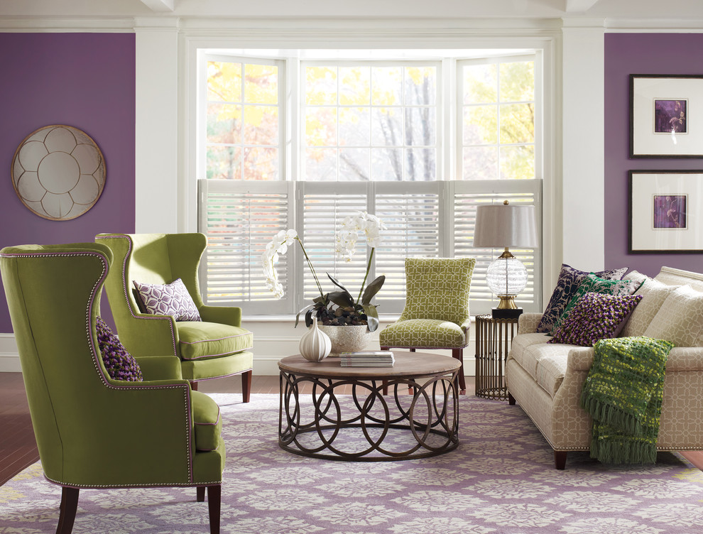Design ideas for a mid-sized modern formal enclosed living room in Boston with purple walls, dark hardwood floors, no fireplace, no tv and brown floor.