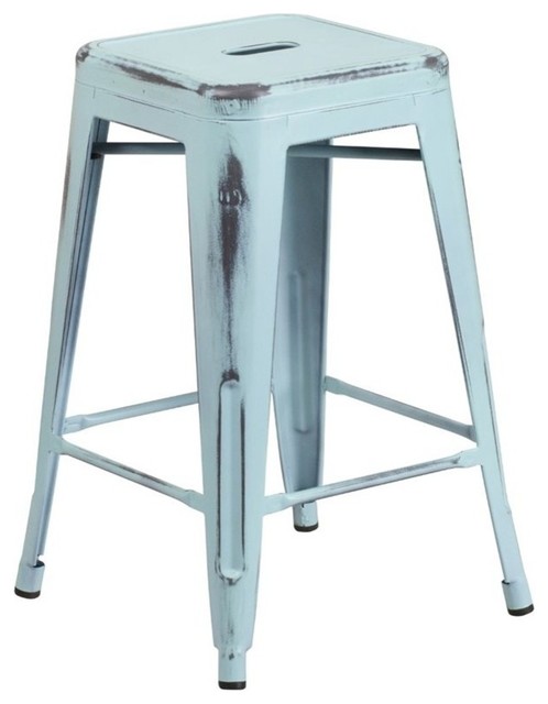 Bowery Hill 24" Industrial Metal Counter Stool in Distressed Green Blue