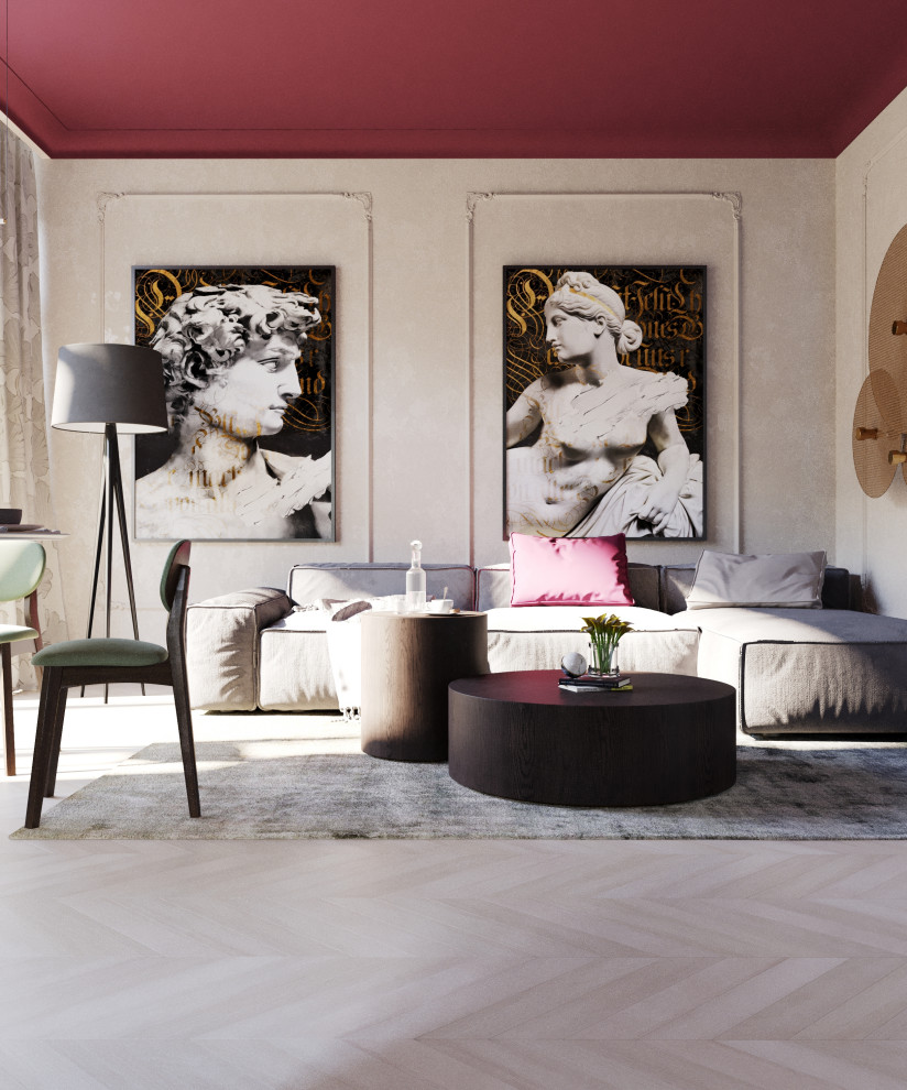 Смелая кухня-гостиная в стиле неоклассика