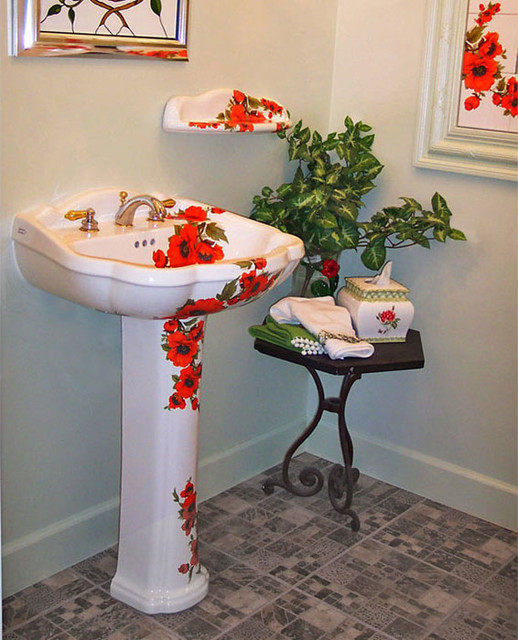 Oriental Poppies Hand Painted Pedestal Sink Traditional Other By