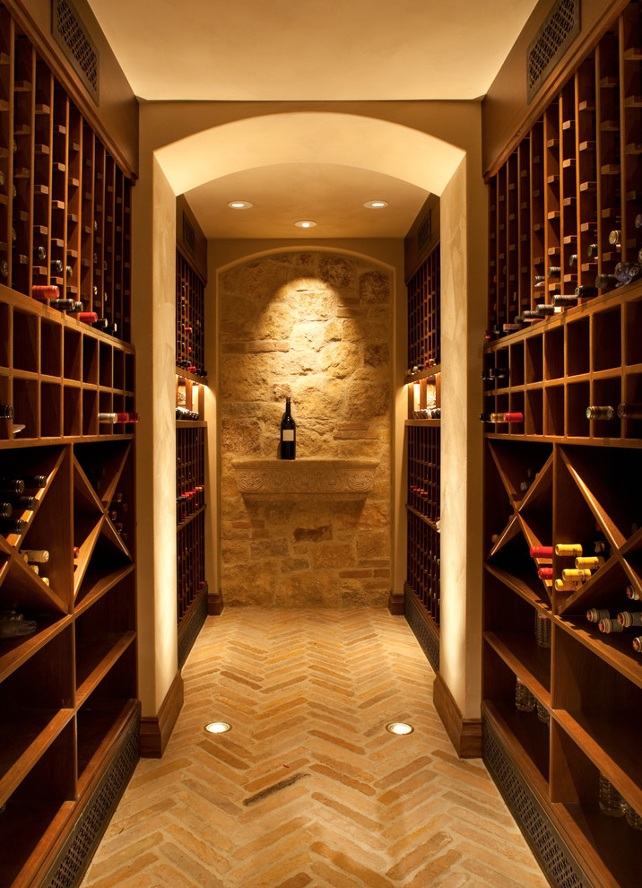 Design ideas for a small traditional wine cellar in San Francisco with brick floors, diamond bins and yellow floor.