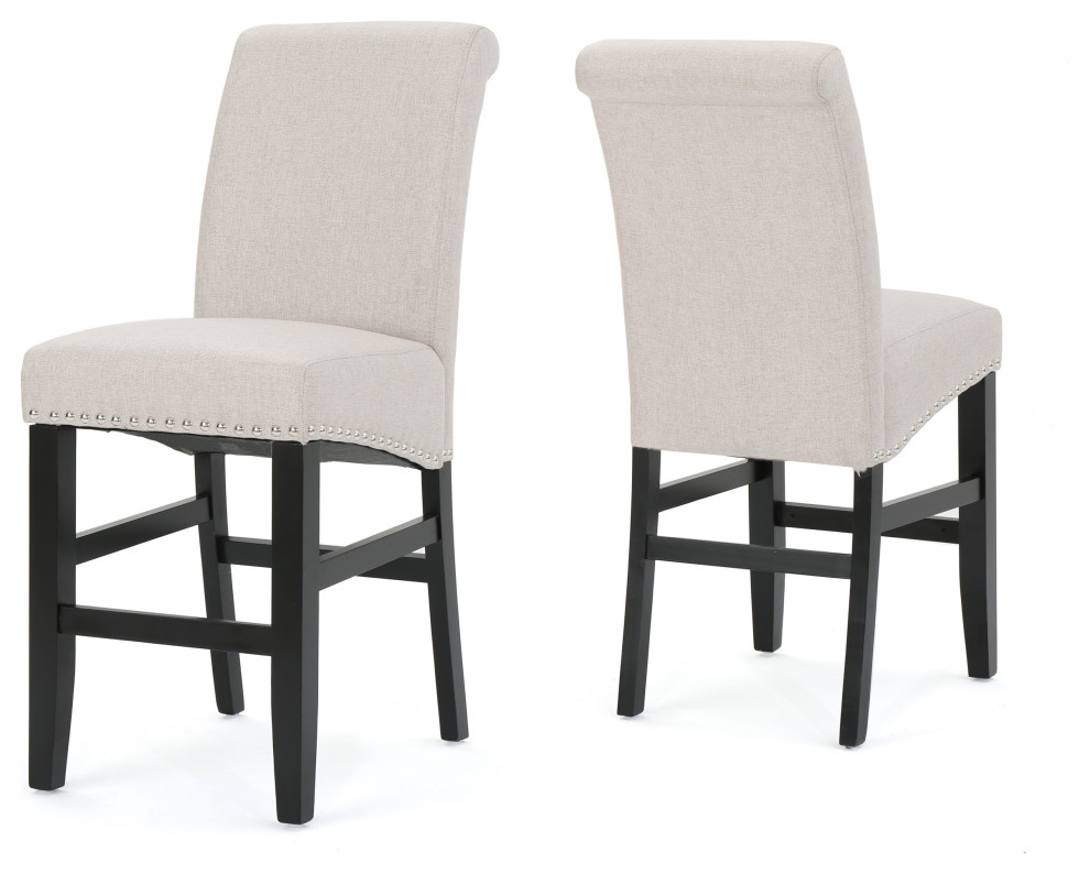Perrin Contemporary Upholstered Counter Stools with Nailhead Trim (Set of 2), Wheat/Matte Black, Fabric