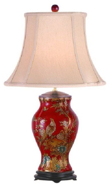 Chinese Red Lacquer Porcelain Vase Bird Table Lamp Shade And Finial Chinese Red Lacquer Porcelain Vase Bird Table Lamp Shade And Finial 27 Asian Lamps By William Sung