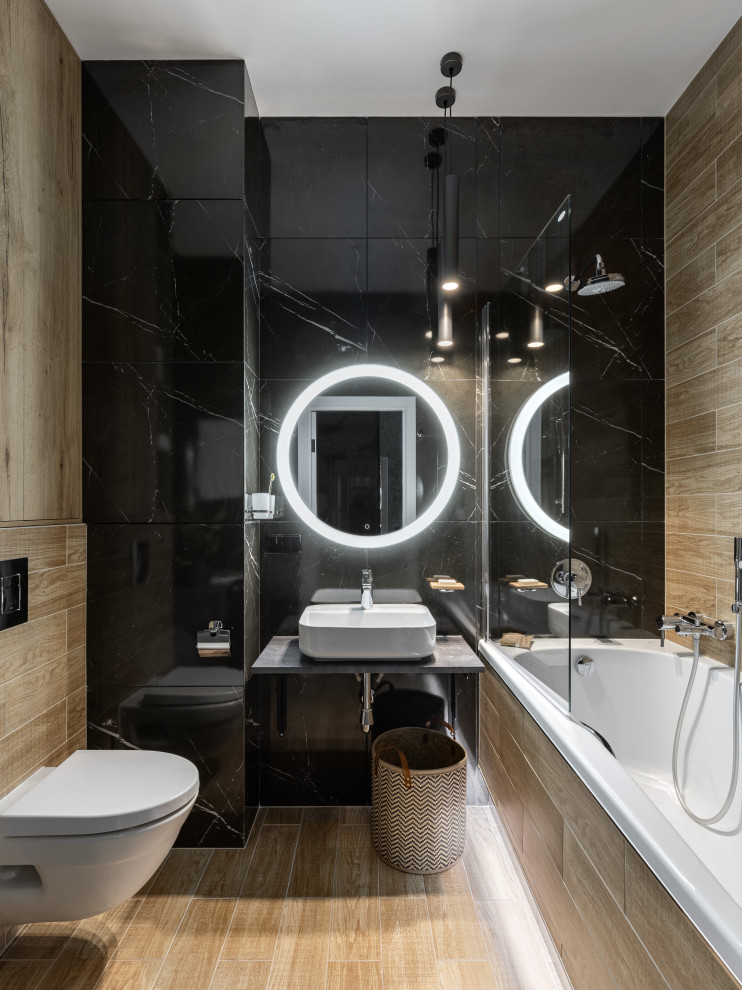 Mid-sized trendy master beige tile and porcelain tile porcelain tile, beige floor, single-sink and wall paneling bathroom photo in Saint Petersburg with an undermount tub, beige walls, a vessel sink, granite countertops, a hinged shower door, gray countertops and a floating vanity