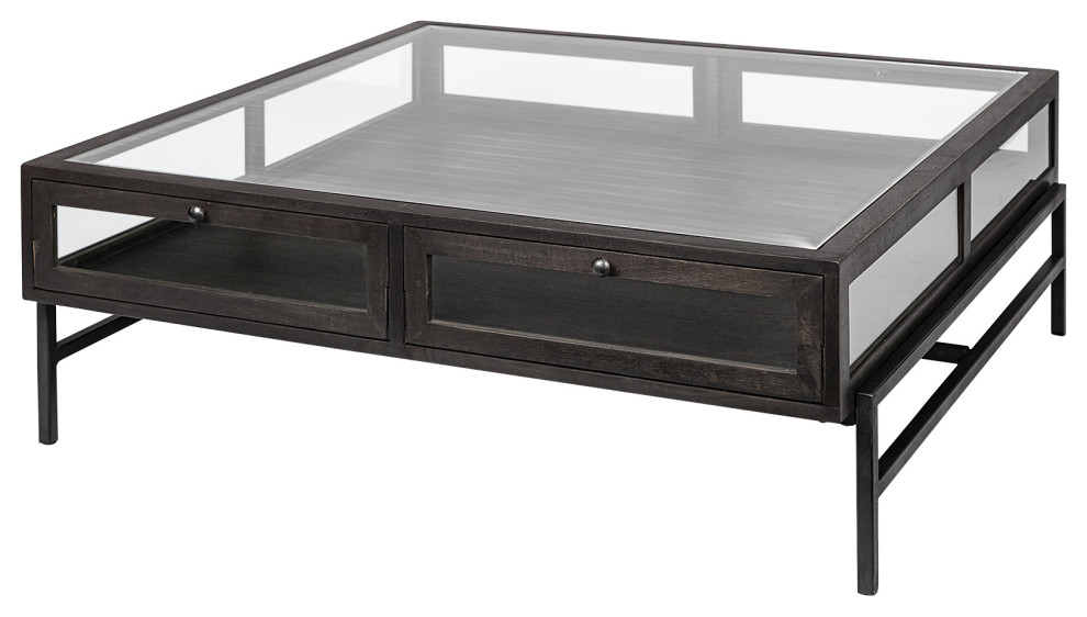 Square Glass Top Wood and Black Metal Base Display Coffee Table With 2