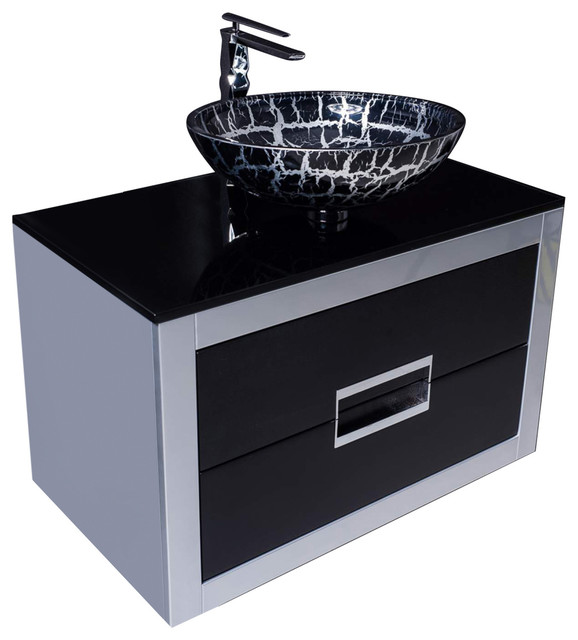 Danya Leather Vanity, Black and Silver, 32", Single Sink, Wall-mounted