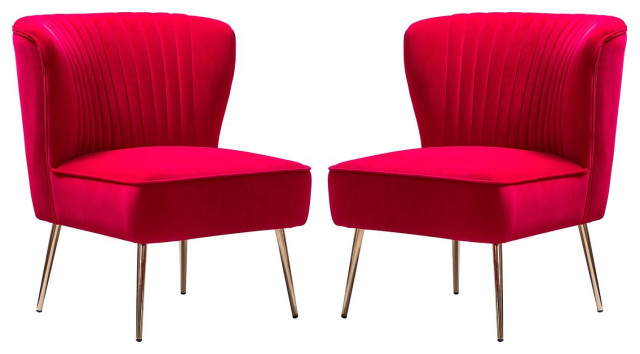 Set of 2 Accent Chair, Angled Legs With Velvet Seat & Channeled Back, Red