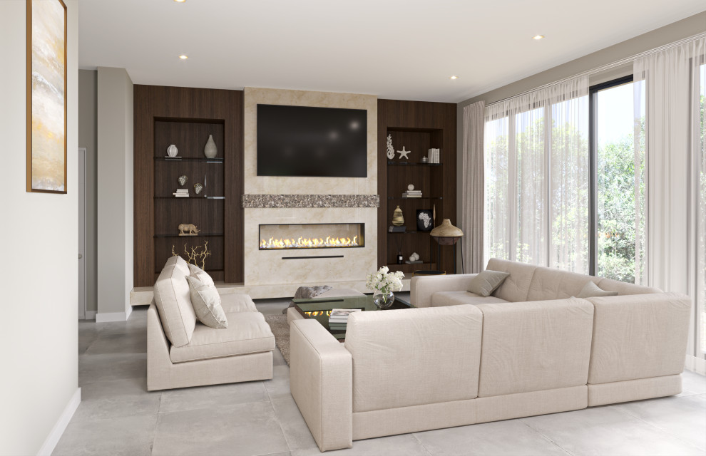 This is an example of a large contemporary open plan living room in Other with a reading nook, grey walls, porcelain flooring, a ribbon fireplace, a tiled fireplace surround, a wall mounted tv and beige floors.