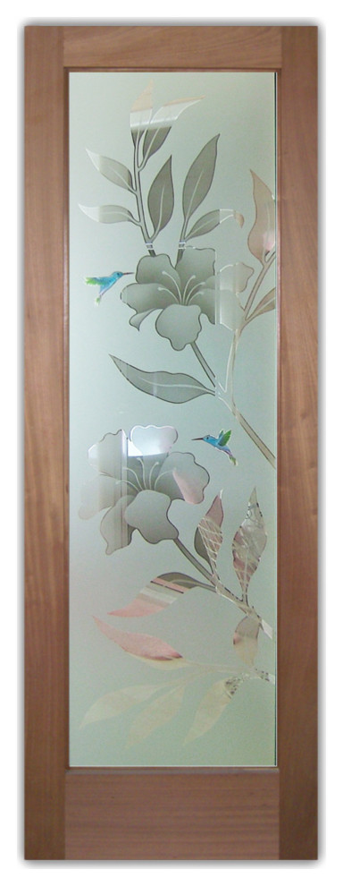 Front Door - Hibiscus Hummingbirds - Mahogany - 36" x 84" - Book/Slab Door