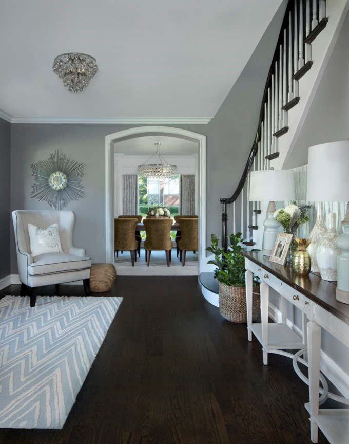 Mid-sized transitional foyer in Detroit with grey walls, dark hardwood floors, a single front door and a dark wood front door.