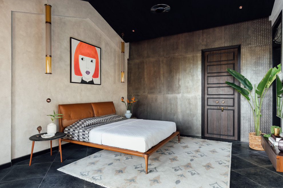 Mid-Century Gästezimmer ohne Kamin mit grauer Wandfarbe und gewölbter Decke in Pune