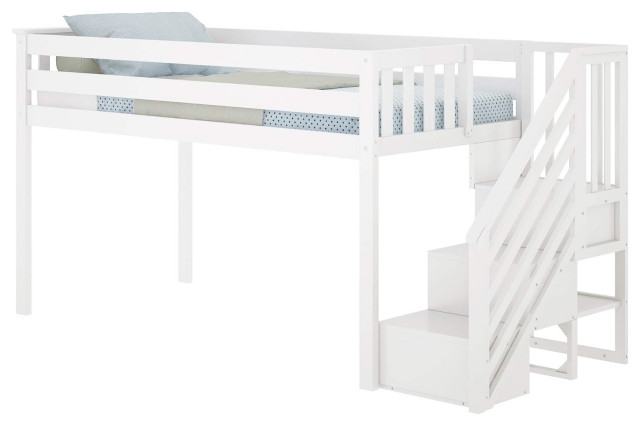 Twin Loft Bed, Pinewood Frame With Safety Guard Rails and Storage Drawers, White
