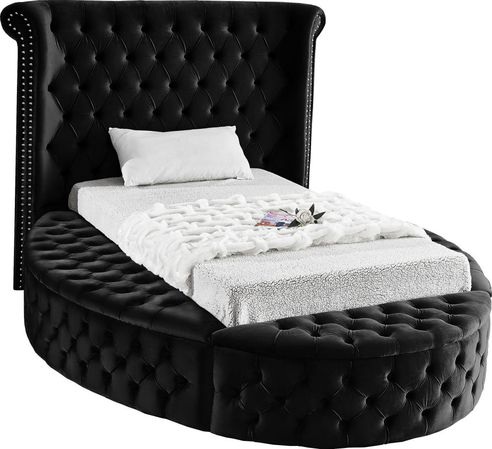 Luxus Button Tufted Velvet Round Bed, Black, Twin