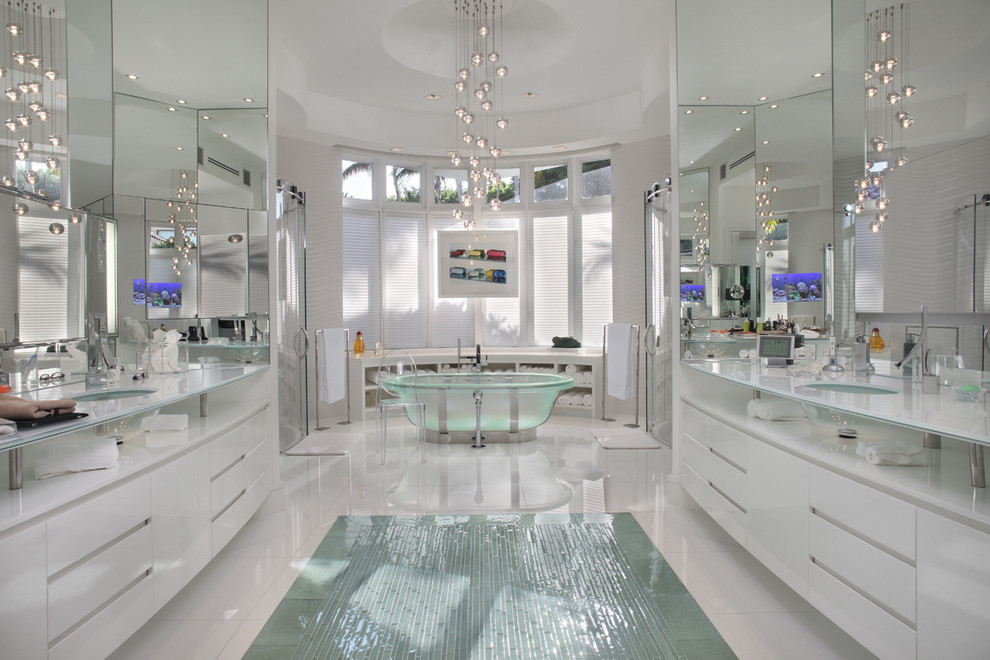 Design ideas for a contemporary bathroom in Miami with a double shower.