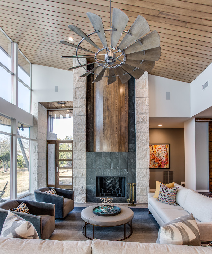 Photo of a mid-sized contemporary formal open concept living room in Austin with a ribbon fireplace, white walls, a tile fireplace surround and no tv.