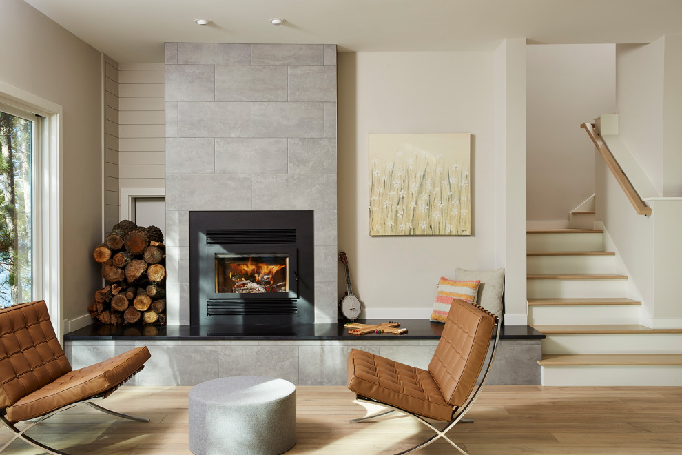 Photo of a scandinavian living room in Minneapolis with a standard fireplace and a stone fireplace surround.