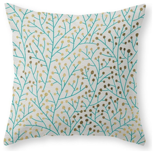 berry branches turquoise and gold throw pillow contemporary decorative pillows - Turquoise Decorative Pillows berry branches turquoise and gold throw pillow contemporary decorative pillows - Turquoise Decorative Pillows