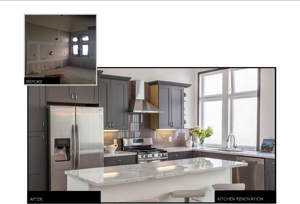Mid-sized transitional l-shaped eat-in kitchen in San Francisco with an undermount sink, shaker cabinets, marble benchtops, grey splashback, subway tile splashback, stainless steel appliances, light hardwood floors, with island and grey floor.