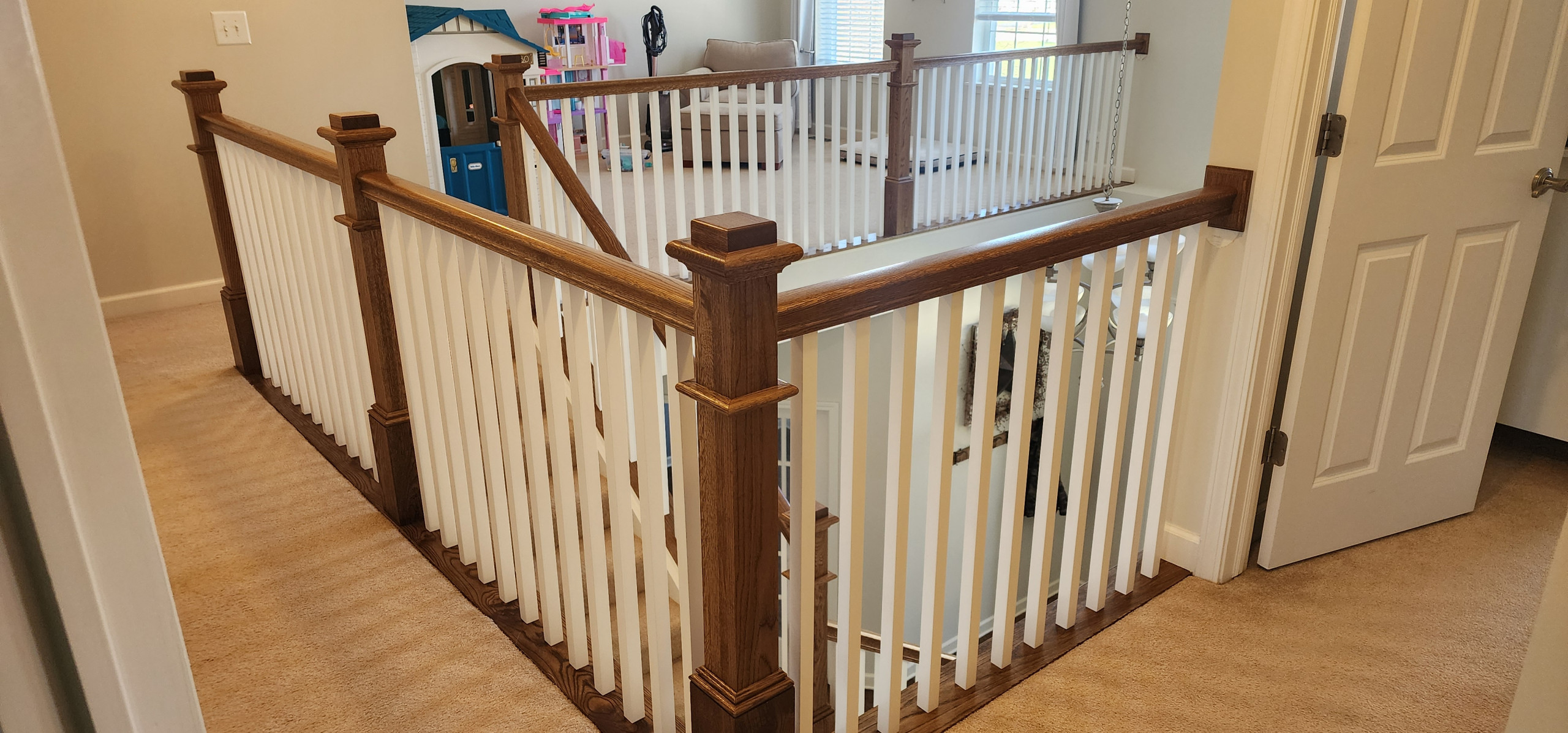 White Oak Provincial Box Newels with square white balusters