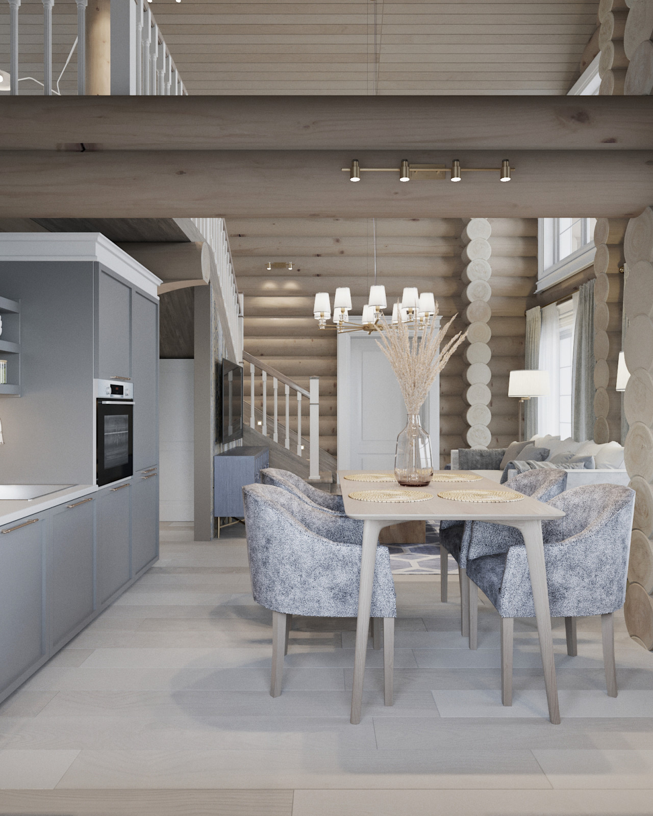 Проект интерьера загородного бревенчатого дома в стиле неоклассика