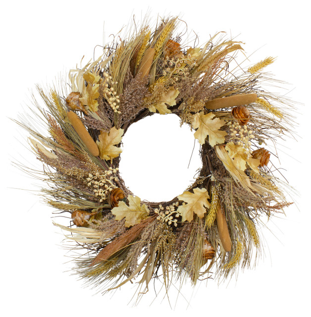 24" Autumn Harvest Cattail and Wheat Artificial Thanksgiving Wreath ...