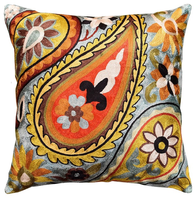 Suzani Paisley Turquoise Accent Pillow Cover Handembroidered Art