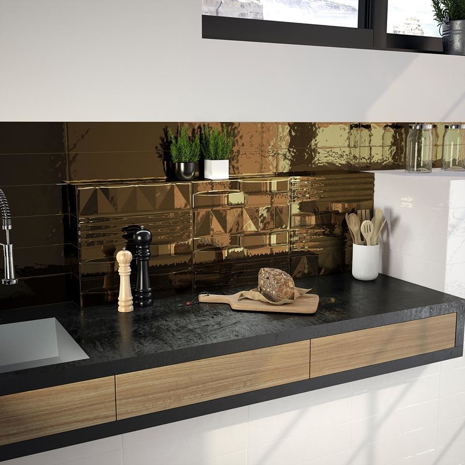 Example of a mid-sized galley light wood floor and beige floor enclosed kitchen design in Austin with a farmhouse sink, open cabinets, black cabinets, concrete countertops, metallic backsplash, ceramic backsplash, stainless steel appliances and no island