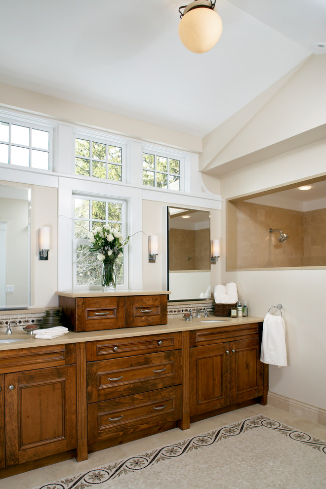 Inspiration for a large traditional master bathroom in Boston with an undermount sink, raised-panel cabinets, dark wood cabinets, engineered quartz benchtops, a double shower, a two-piece toilet, beige tile, mosaic tile, beige walls and mosaic tile floors.