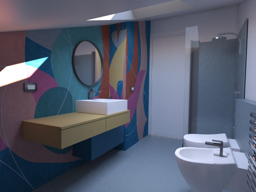 Пример оригинального дизайна: маленькая ванная комната в стиле модернизм с плоскими фасадами, инсталляцией, душевой кабиной, настольной раковиной, тумбой под одну раковину, подвесной тумбой и обоями на стенах для на участке и в саду