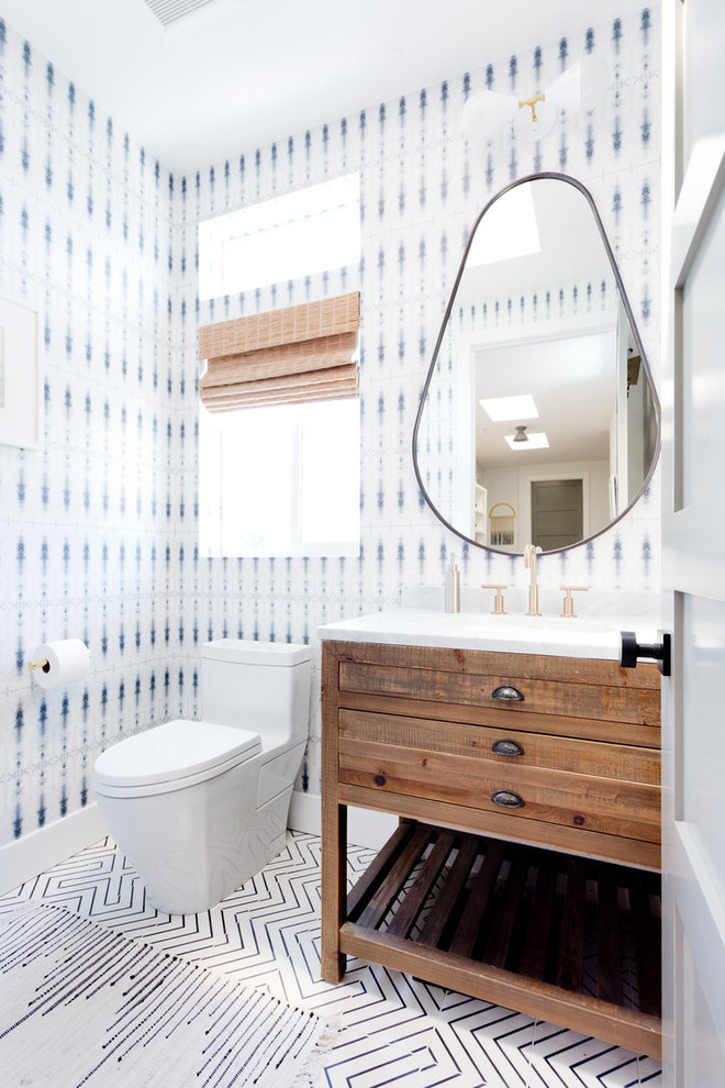 Transitional powder room in San Francisco with furniture-like cabinets, medium wood cabinets and multi-coloured walls.