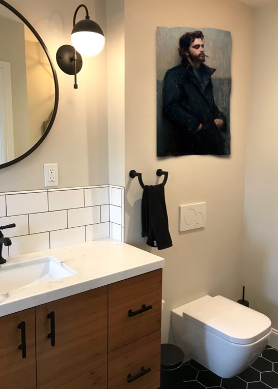 This is an example of a small midcentury master bathroom in San Francisco with flat-panel cabinets, dark wood cabinets, an open shower, a wall-mount toilet, white tile, ceramic tile, beige walls, ceramic floors, an undermount sink, engineered quartz benchtops, black floor and a hinged shower door.