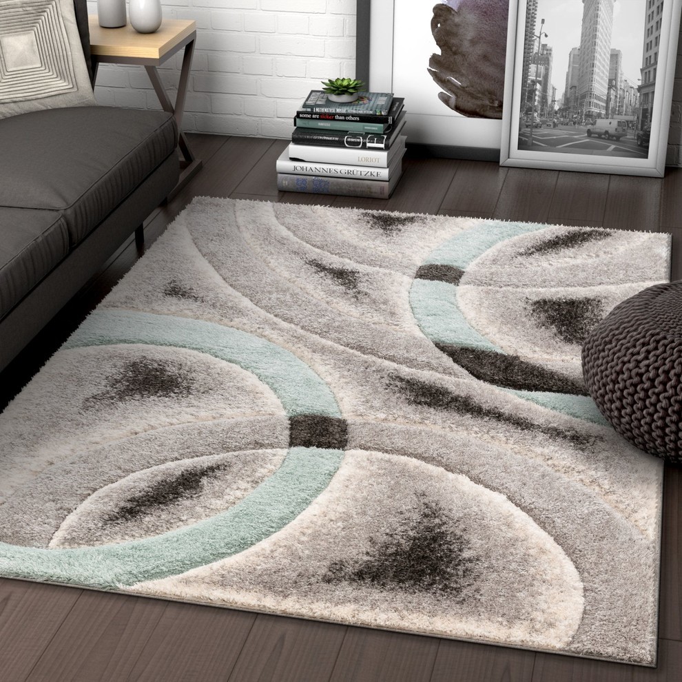 Well Woven San Francisco Oahu Modern Abstract Arcs Blue Shag Area Rug