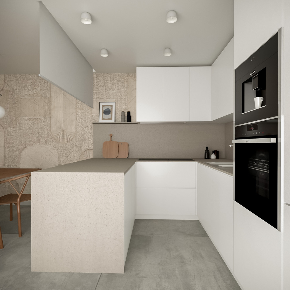 Inspiration for a mid-sized contemporary u-shaped open plan kitchen in Milan with flat-panel cabinets, white cabinets, solid surface benchtops, porcelain floors, no island and grey floor.