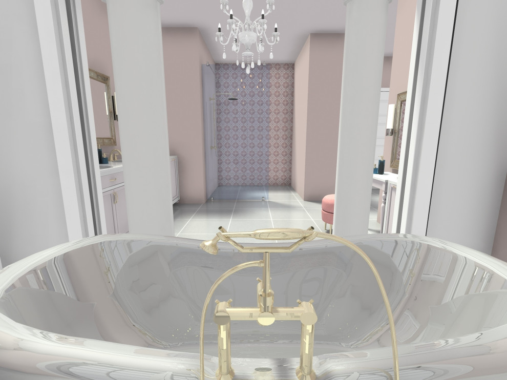 Пример оригинального дизайна: большая ванная комната в классическом стиле с фасадами островного типа, ванной на ножках, инсталляцией, розовыми стенами, полом из керамической плитки, монолитной раковиной, серым полом, тумбой под две раковины и встроенной тумбой