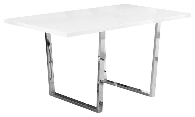 Dining Table With Chrome Metal Base, White Glossy