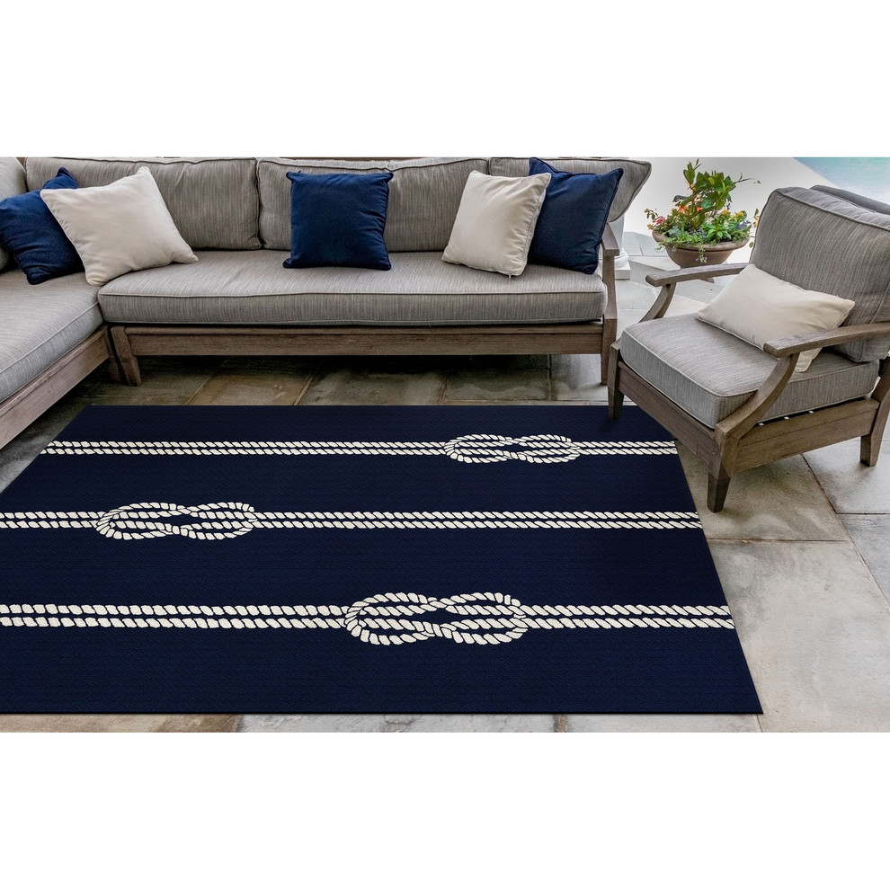 Navy Blue and White Synthetic Hand-Tufted Coastal Area Rug