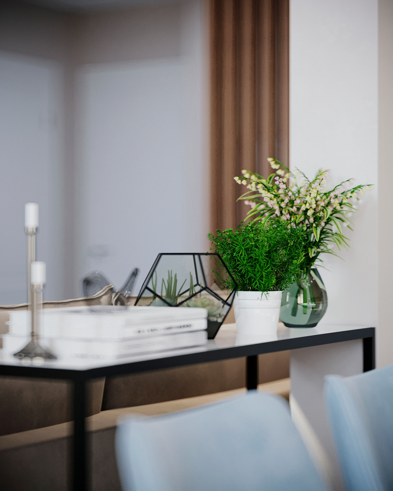 Визуализация гостиной с зоной кухни в московской квартире