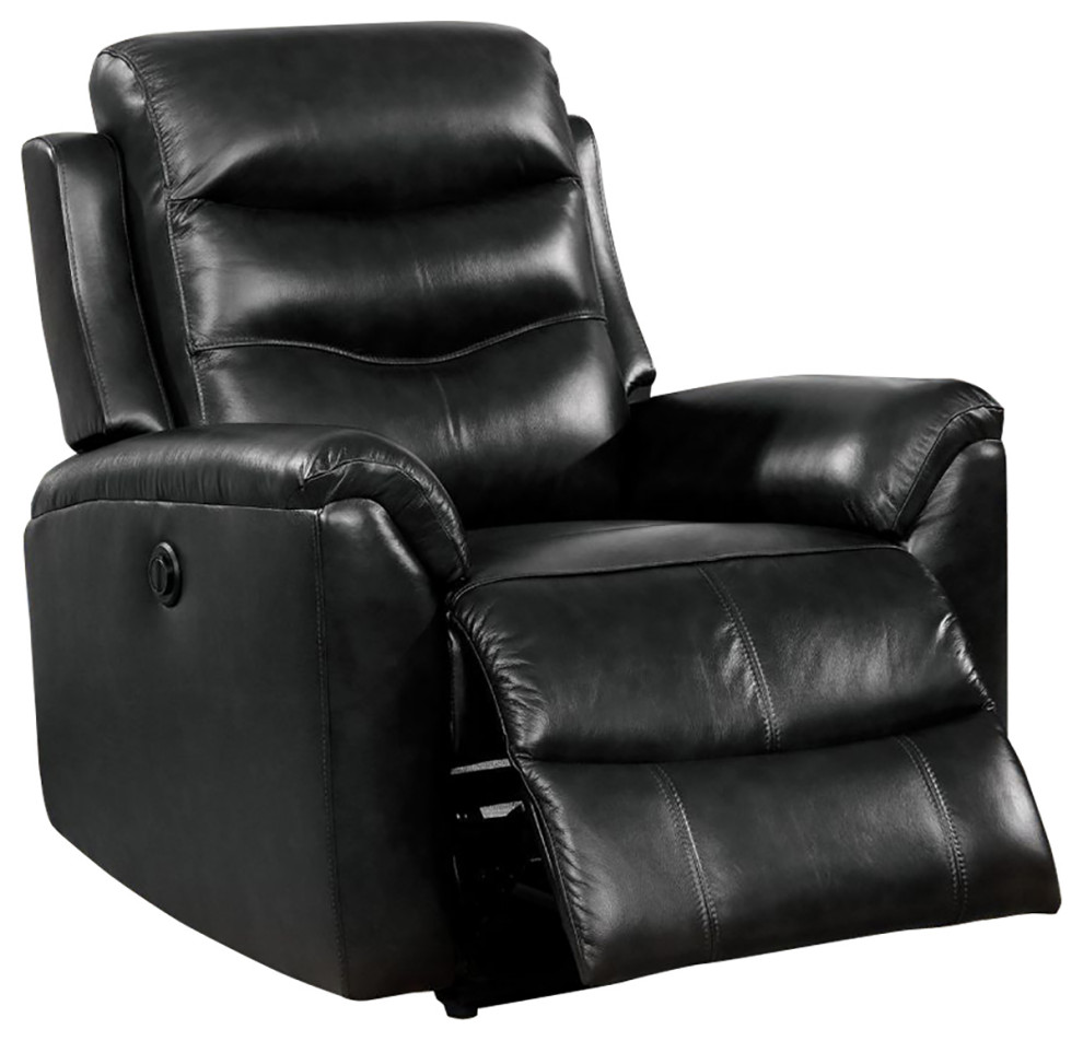 Top Grain Leather Power Recliner, Black Contemporary Recliner