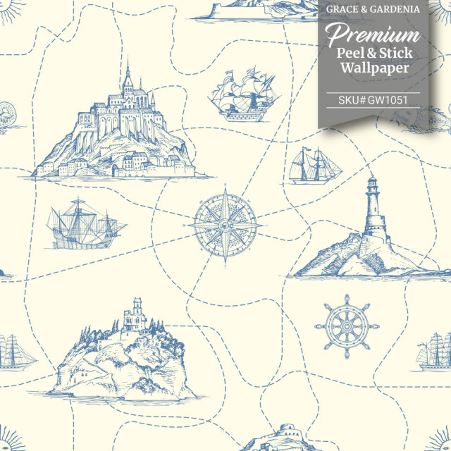 GW1051 Nautical Map Peel and Stick Wallpaper Roll 20.5in Wide x 18ft